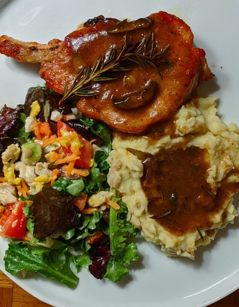 dinner, pork chop, mashed potatoes and gravy, food, american style dinner, pork chop, pork chop, pork chop, pork chop, pork chop